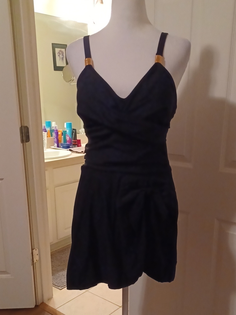> Black One Piece Swimsuit With Tummy Control And Gold Decor Size Large - Picture 4 of 11